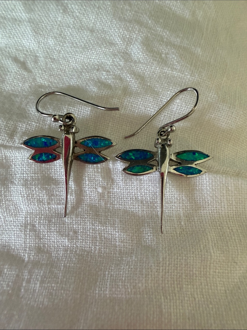 Silver Dragonfly Dangle Earrings with Blue-Green Opal Inlay